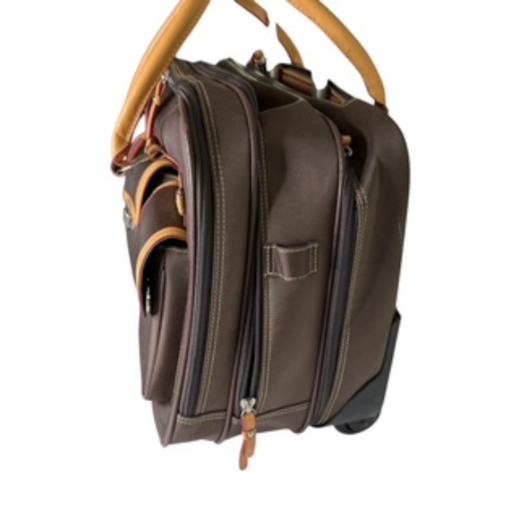 NWT Franklin Covey Morgan Triple Gusset Wheeled Canvas Case Brown/Tan - Picture 2 of 13